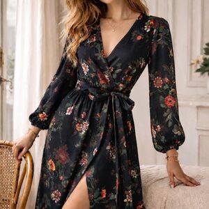 Amour Vert Silk Wrap Midi Dress Black Floral Long Sleeve Size Small